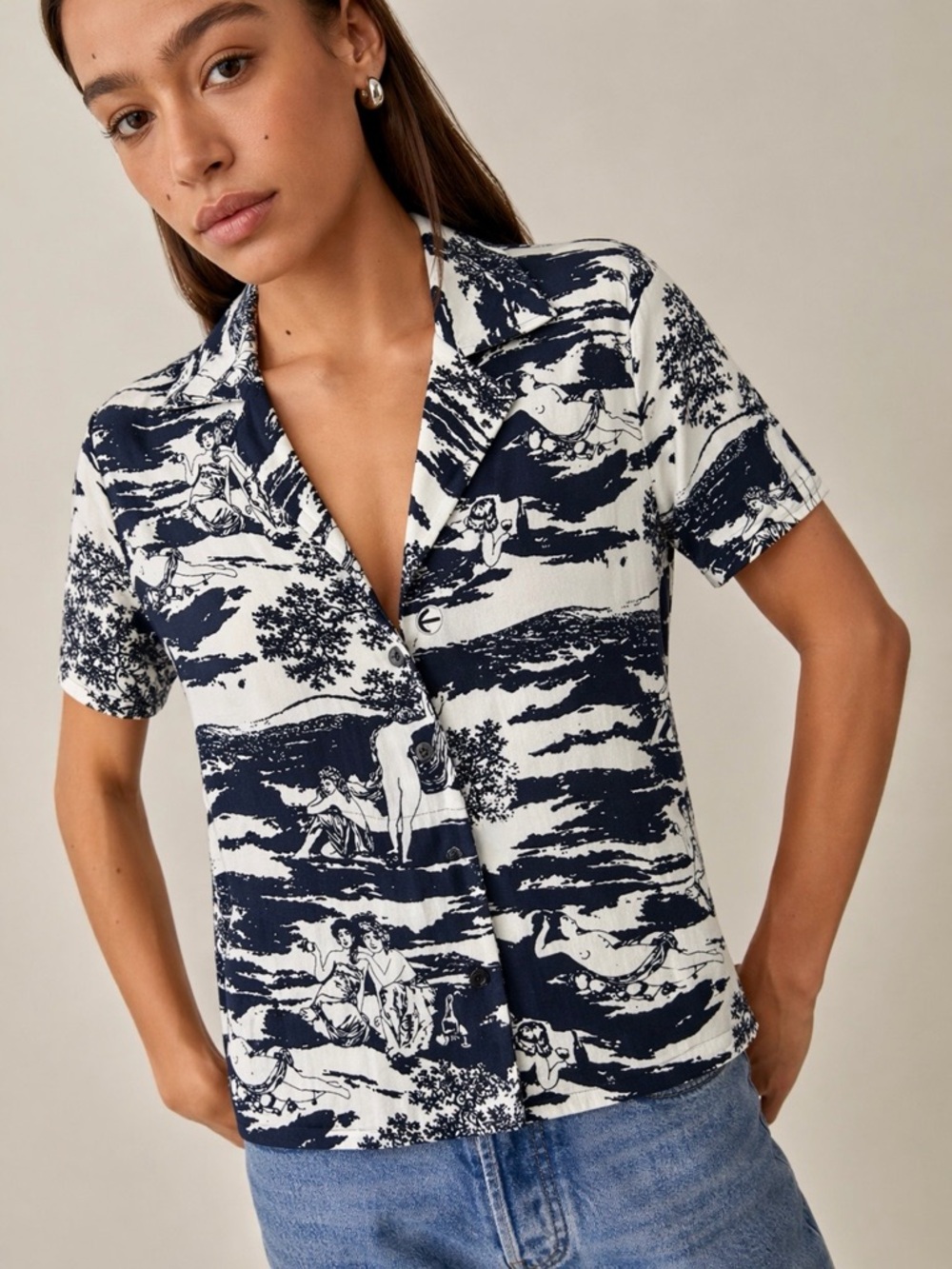 Reformation Blue White “Naked Lunch” Print Short Sleeve Cuba Top | Size XS